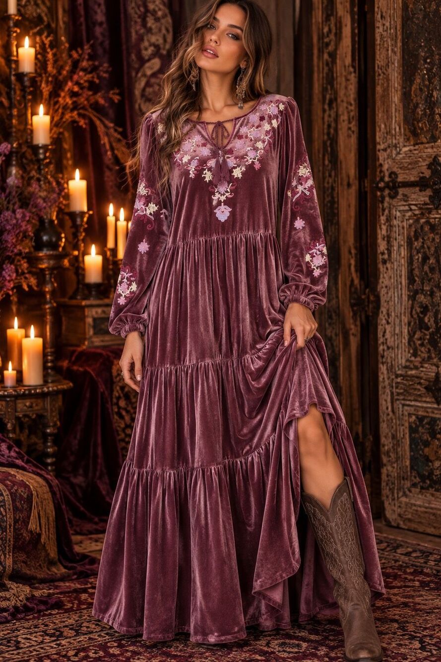 Pyramid Collection Embroidered Velour Dress Dusty Mauve boho Women's 2X NWOT